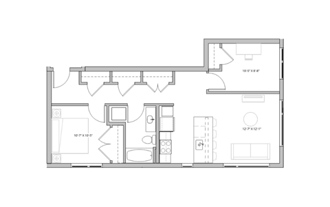 Floor plan for 2 beds, 1 bath, 834 sqft